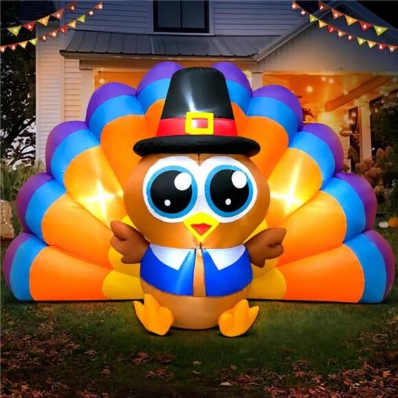 6FT Thanksgiving Inflatables Outdoor Decoration Inflatable Turkey, Built in LED - Picture 1 of 7